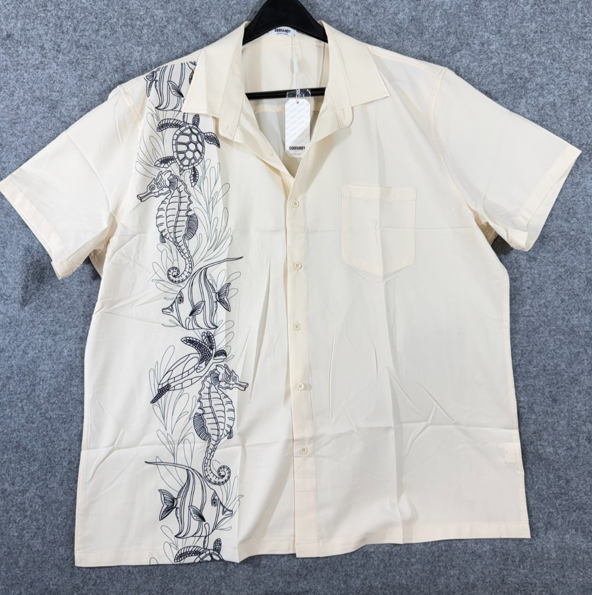 Coofandy Cabana Shirt Mens 2XL Ivory Seahorse Turtle Print Hawaiian Beach NWT