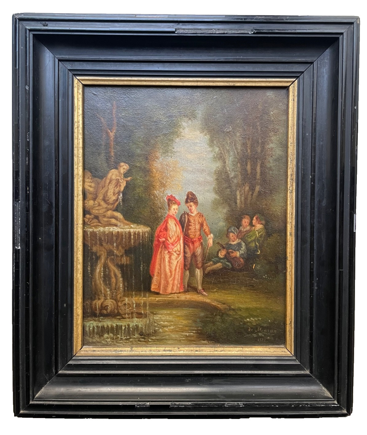 Antique 1872 French Oil Painting Fete Galante Watteau Style Couple Fountain Park