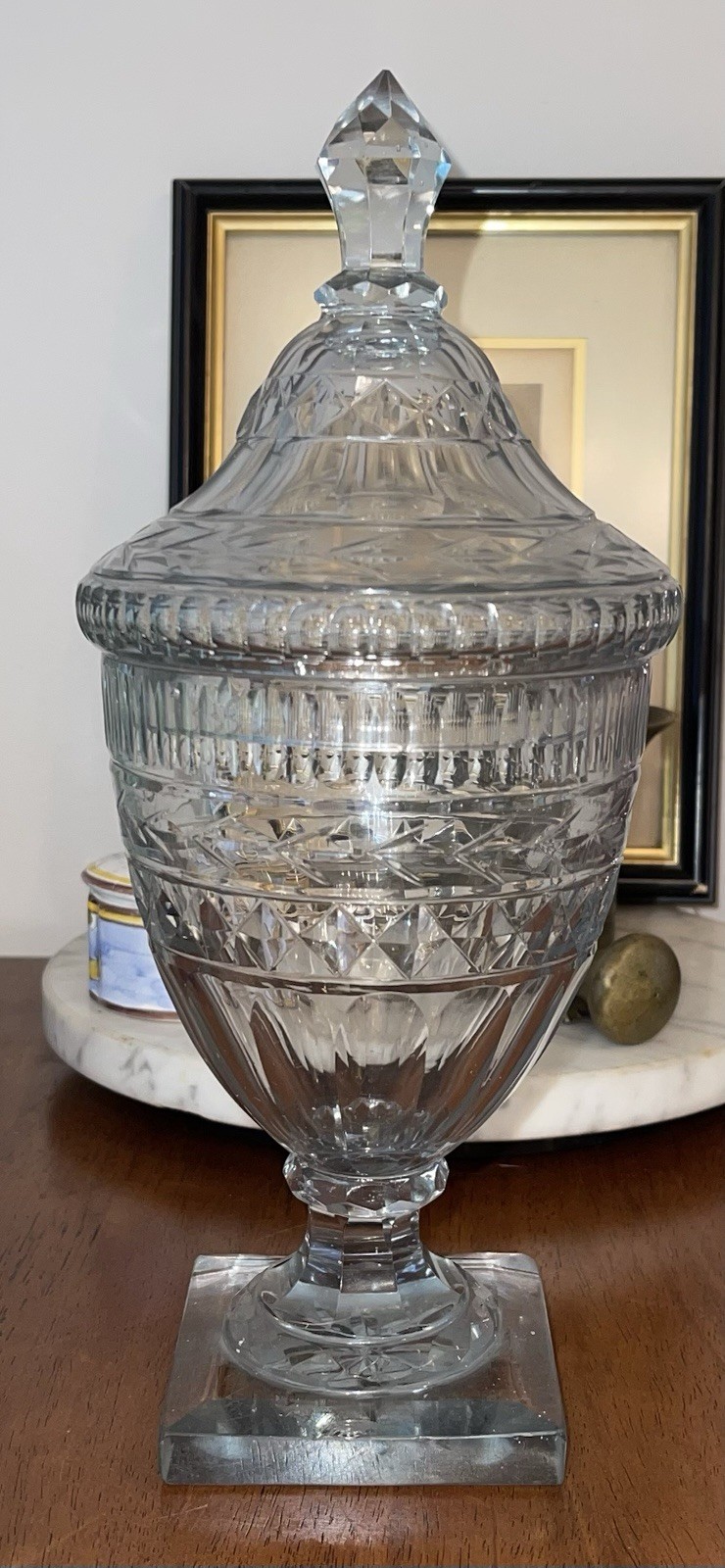 Antique 12’ Cut Lead Crystal Covered Urn Georgian Anglo-Irish Sweetmeat Jar Antique 12’ Cut Lead Crystal Covered Urn Georgian Anglo-Irish Sweetmeat Jar
