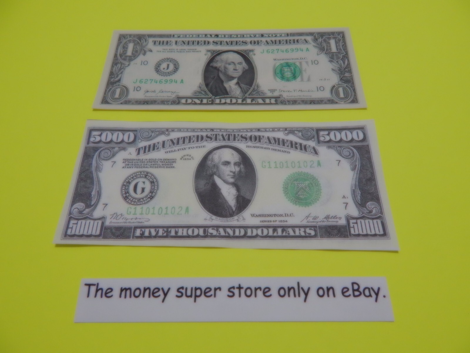 Reproduction U.S. $5,000 Dollar Bill Series 1934 heads every time on both sides. Reproduction U.S. $5,000 Dollar Bill Series 1934 heads every time on both sides.