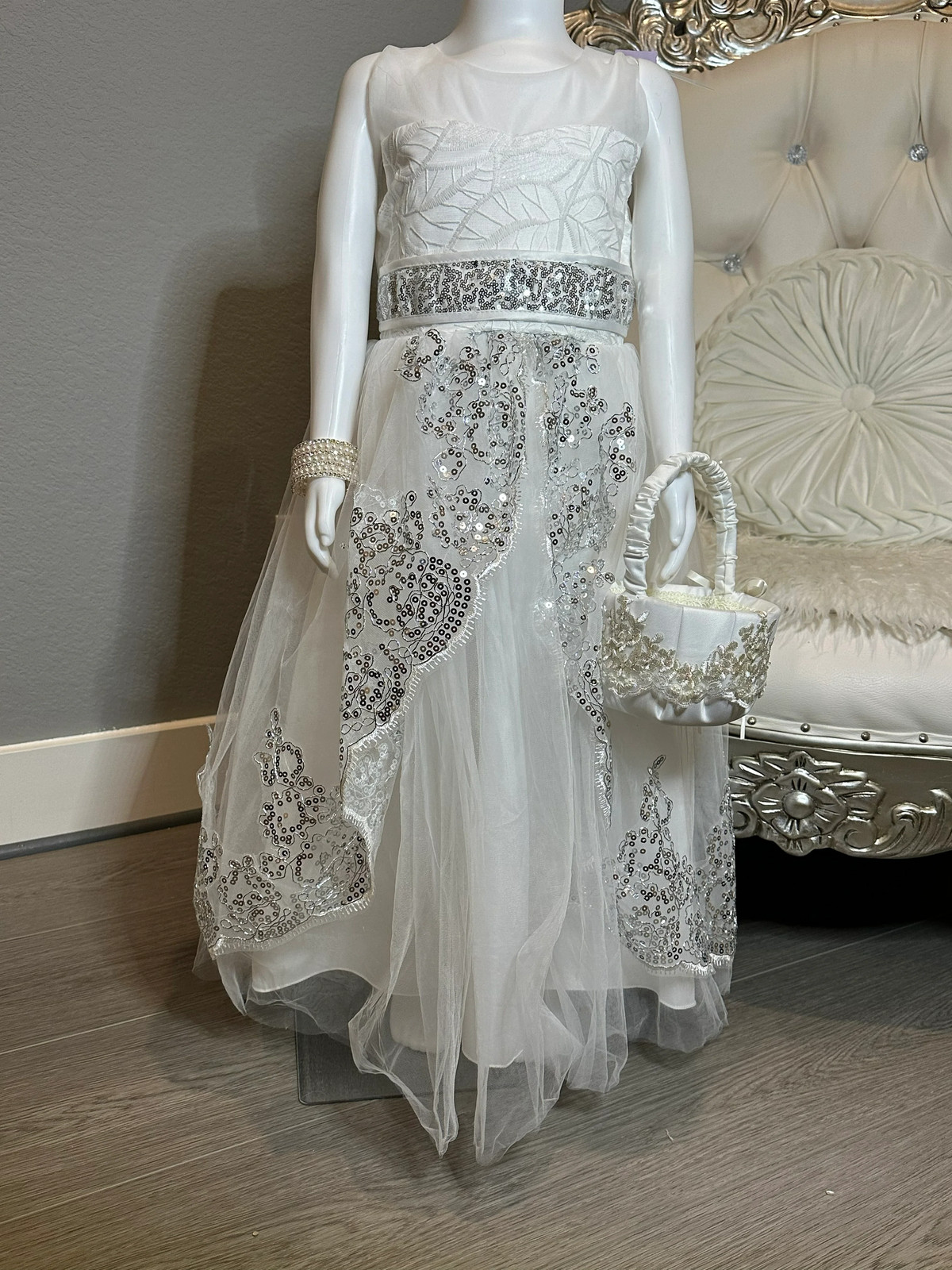 White Flower Girl Dress- Lace & Sequin Tulle Dress, Formal Wedding Dress SIZE 6