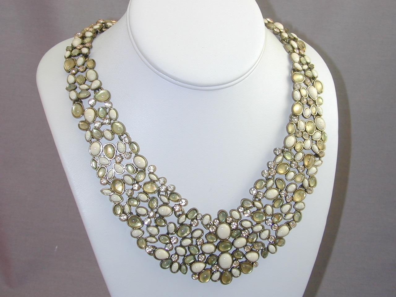 BaubleBar KEW Crystal Bib Collar Jeweled Necklace Green Champagne Cream