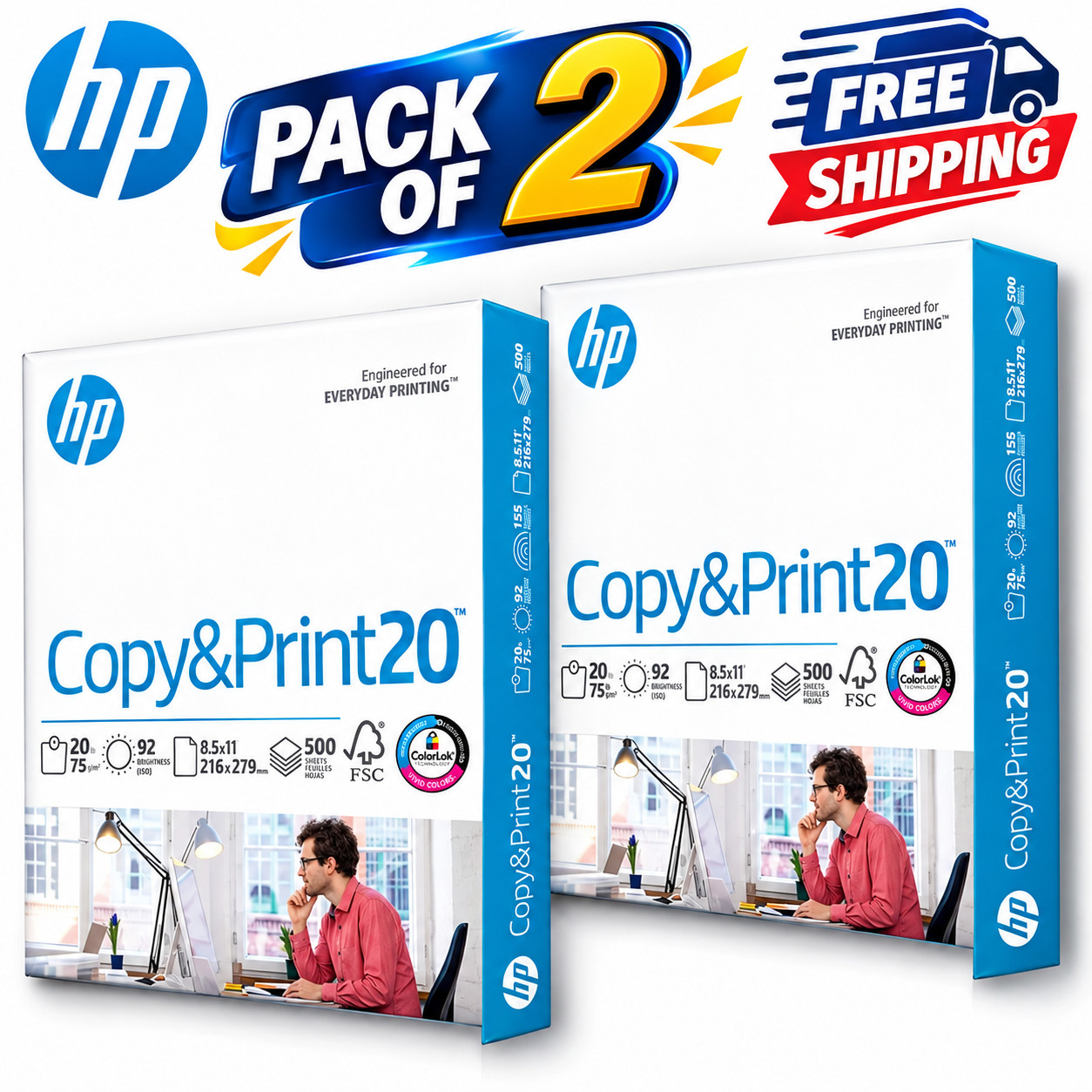 2 Pack HP Copy & Print20 Paper 20lb 8.5x11 Copy Printer Paper 1 Ream 500 Sheets