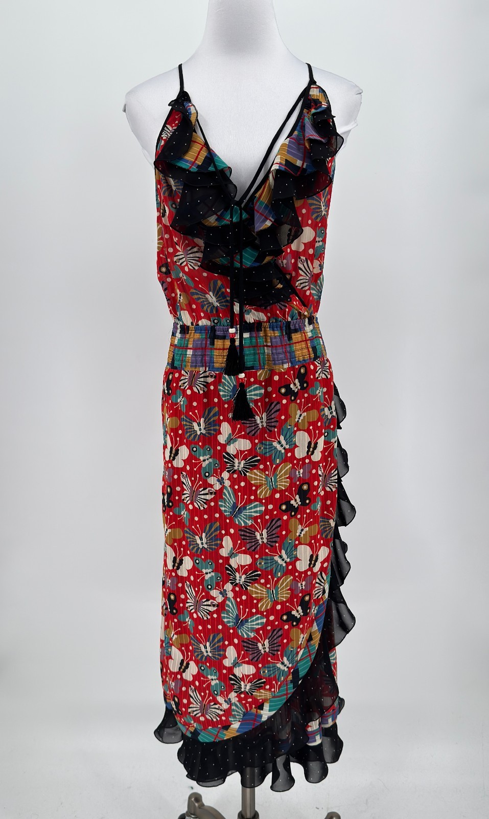 Vintage Diane Freis Georgette Red Bohemian Tiered Ruffle Sleeveless Midi Dress