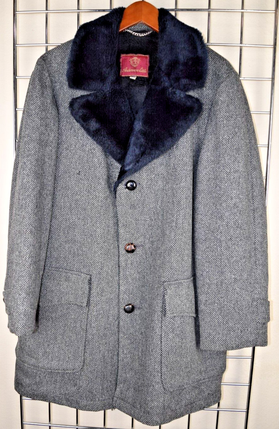 Vintage 60s Car Coat Anderson Little Size 40 Gray Wool Tweed Blue Sheen Faux Fur
