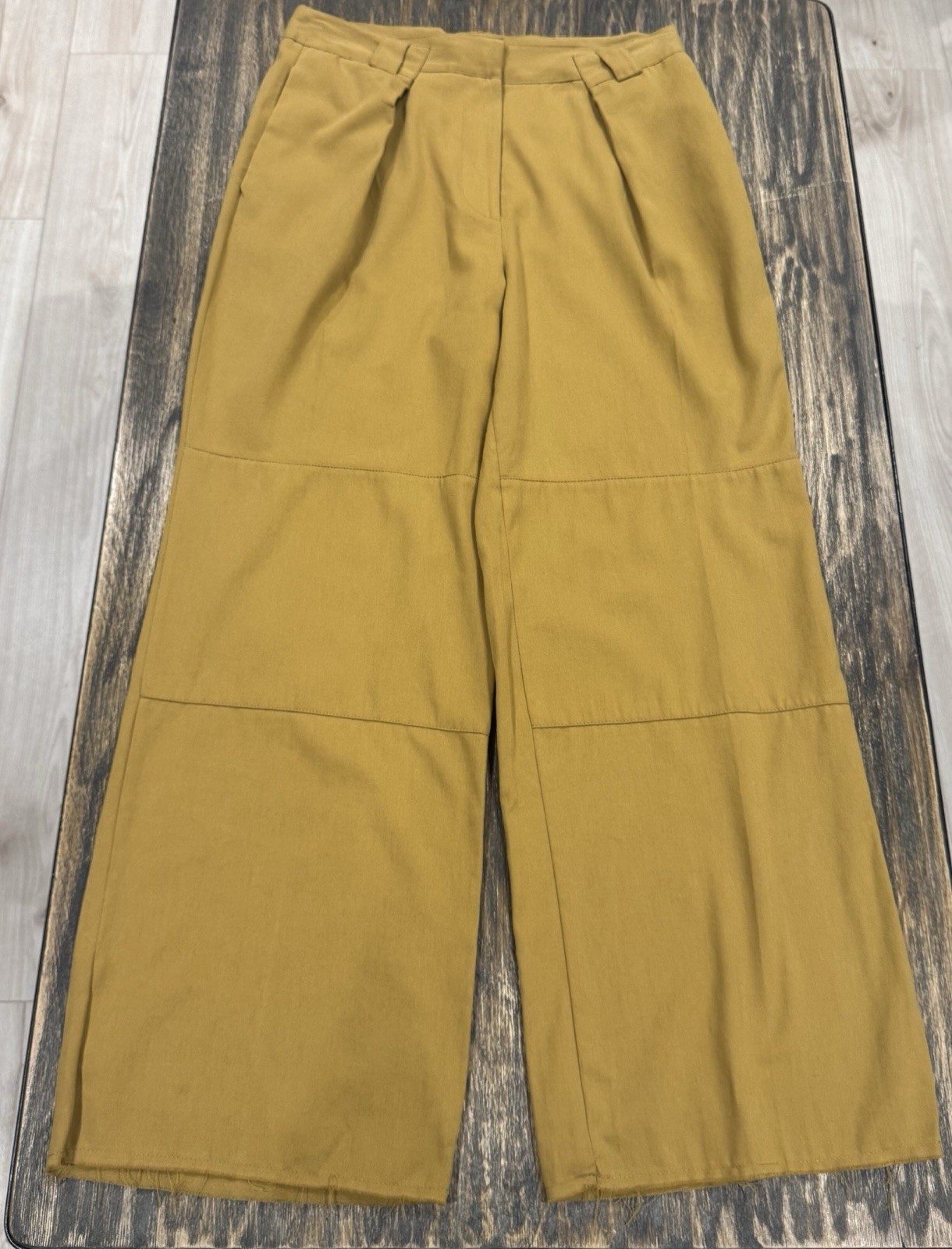 Topshop Wide Leg Pants Womens 10 Mustard Tan Pleated High Rise Raw Hem