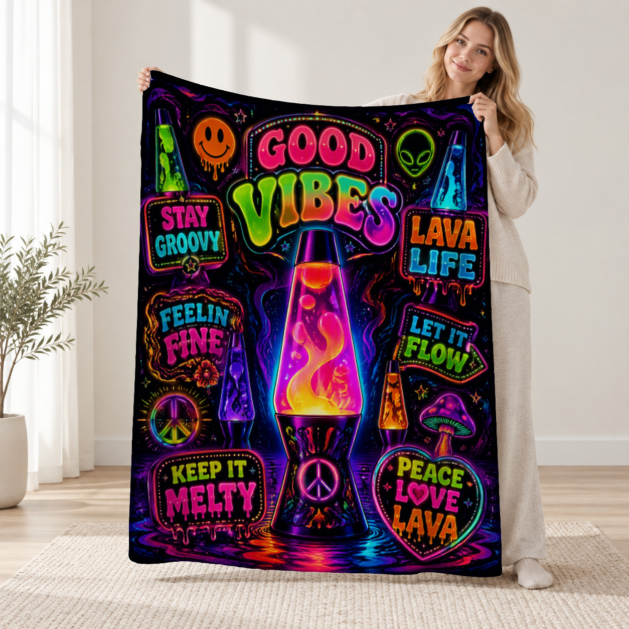 Retro Good Vibes Lava Lamps Coral Fleece Blanket Groovy Decor