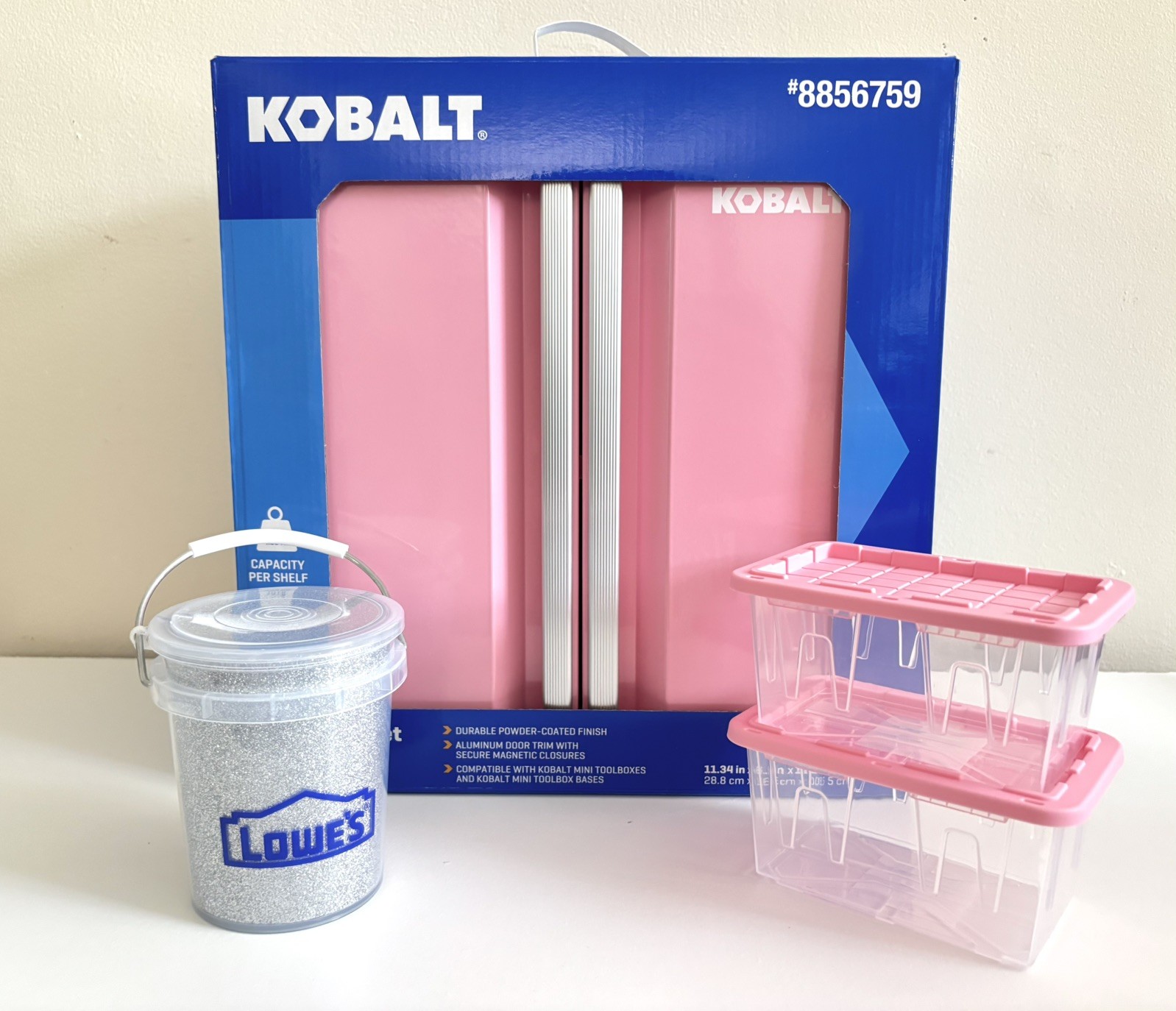 Kobalt Pink Mini Cabinet Tool Box 8856759 + Glitter Mini Bucket 2 Pink Totes NEW