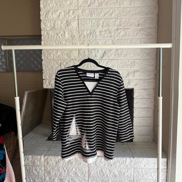 Vintage 1990\'s Blk/White Striped Alfred Dunner Sweater with Sailboat Embroidery