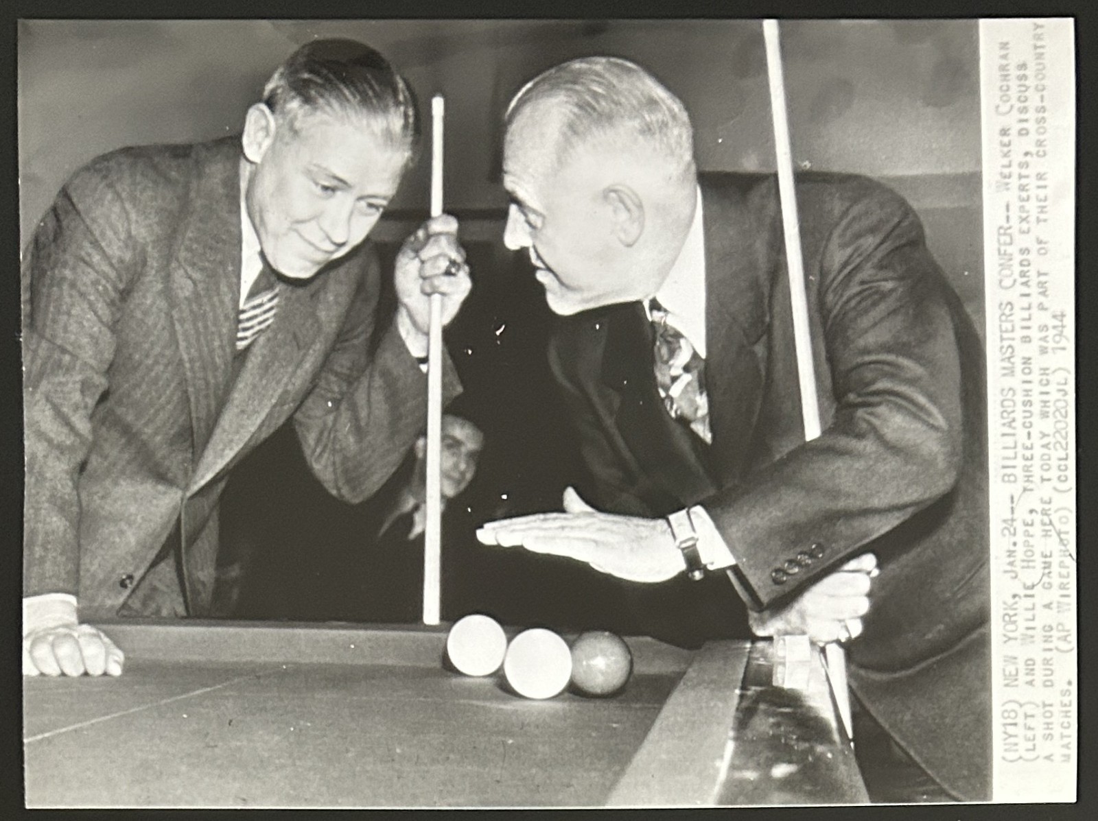 1944 Photo-Willie Hoppe & Welker Cochran Three Cushion Billiards Experts