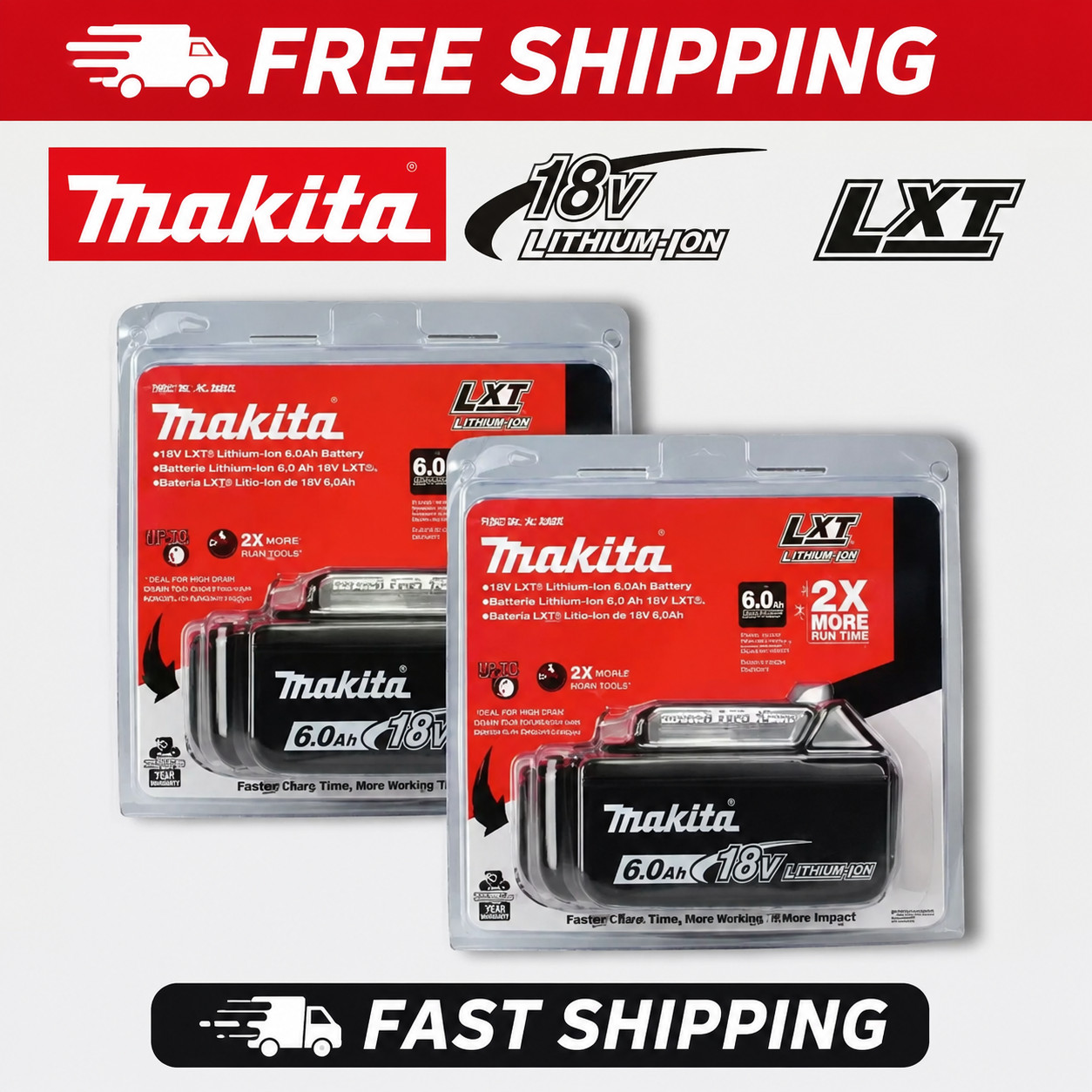 2-Pack Geniun Makita BL1860B 18V LXT 6Ah Lithium-Ion Rechargeable Batteries New