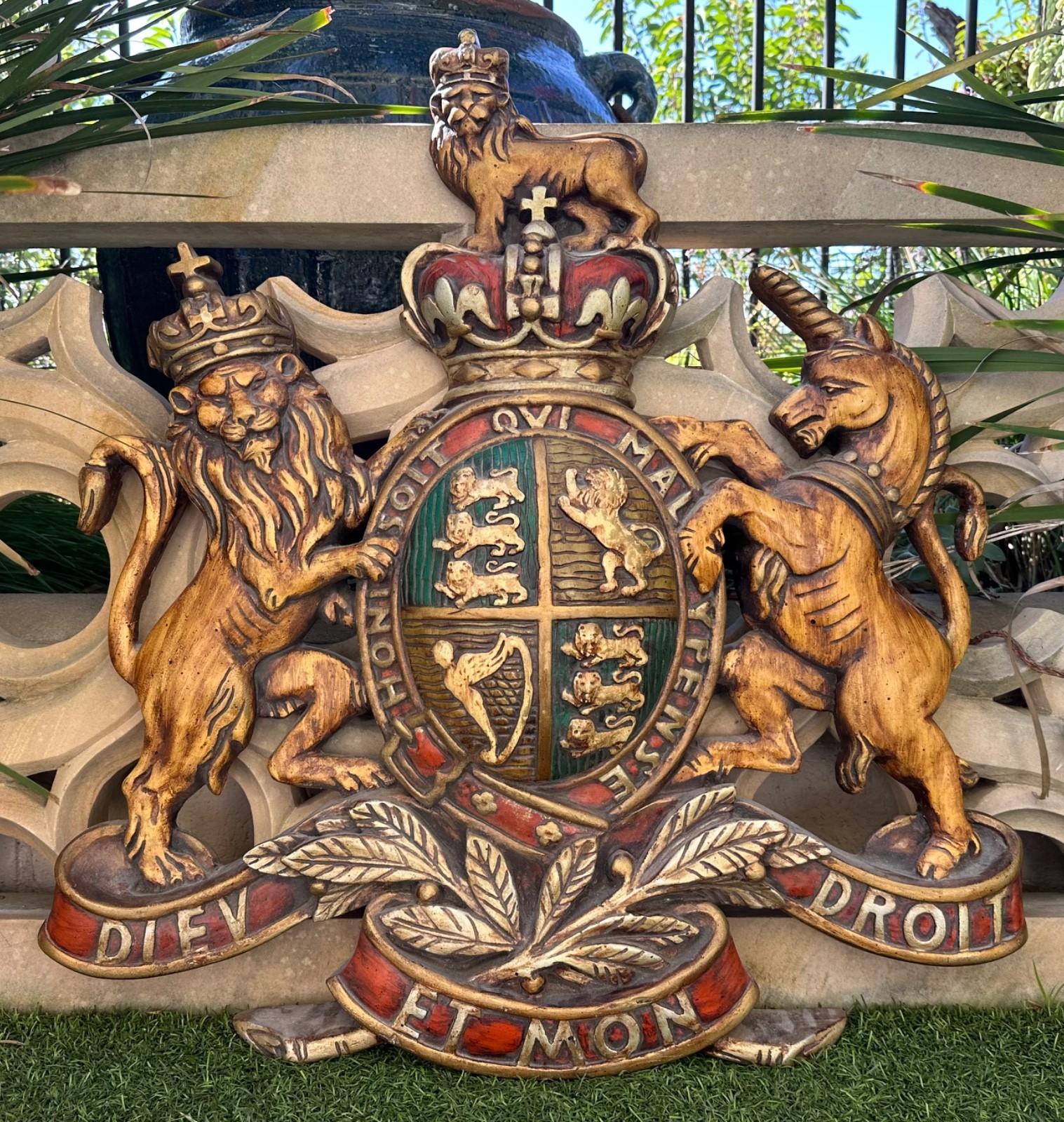 Early 20th Century Large English  British Plaster Royal Coat of Arms Wall Plaque