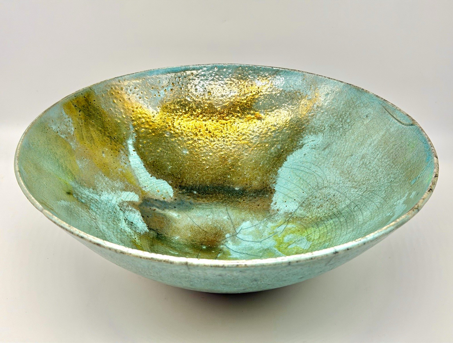 Rare Vintage Bohn Signed handmade Gold Blue & Green Pottery Centerpiece Bowl 13”