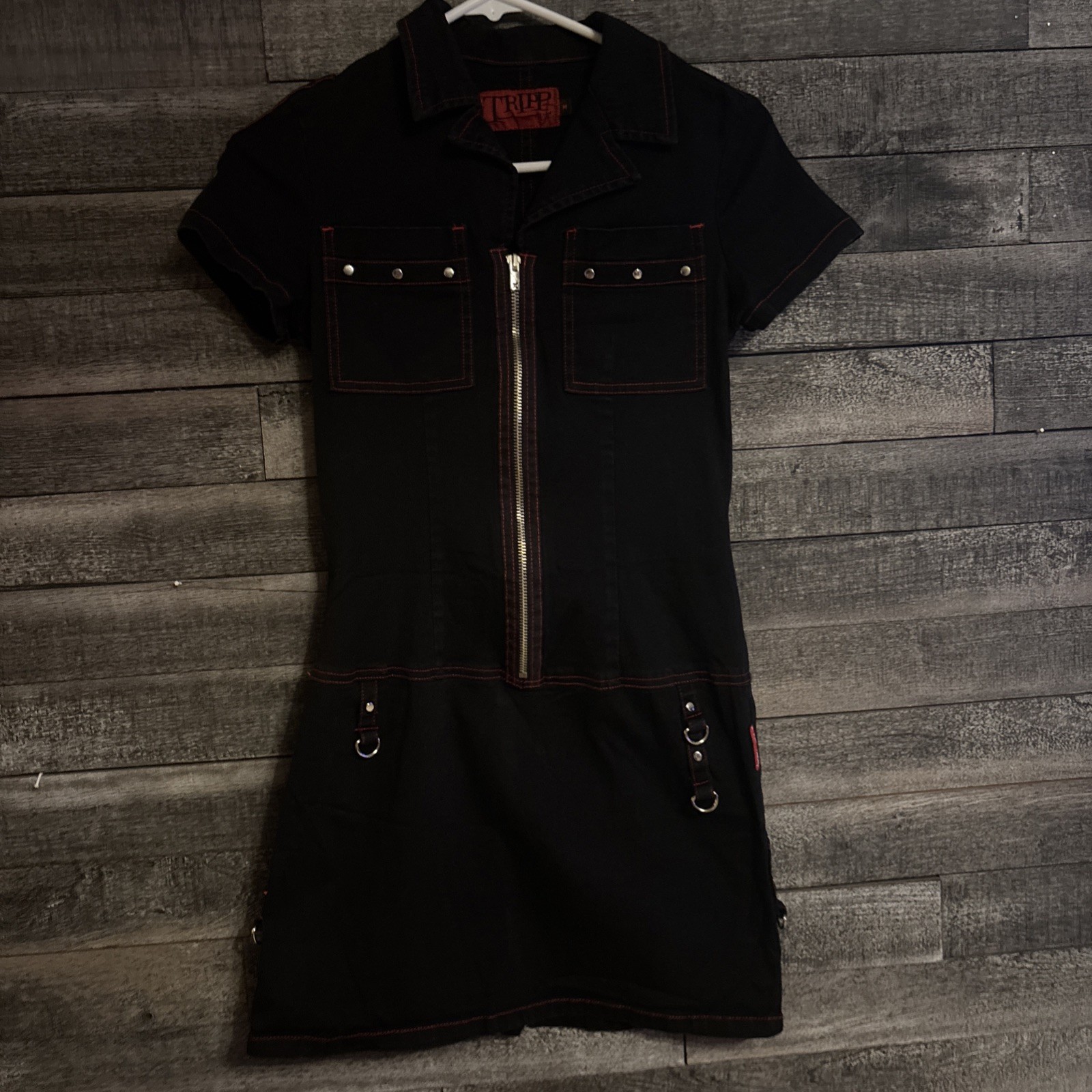 Vtg Tripp NYC Dress Womens Medium Black Red Stitching Goth Punk Goth Zip Vtg Tripp NYC Dress Womens Medium Black Red Stitching Goth Punk Goth Zip