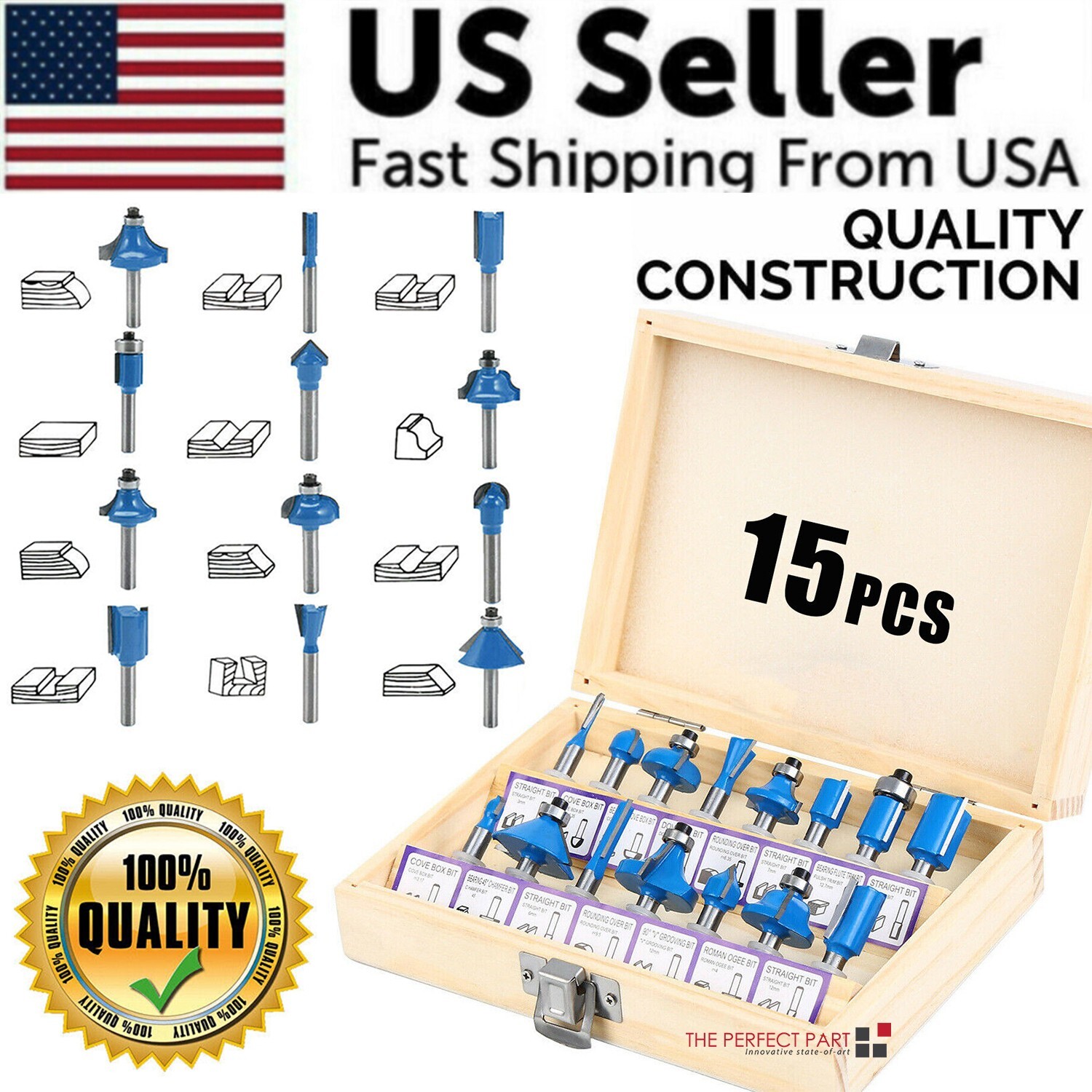 15Pcs Carbon Milling Cutter Router Bit Set Tungsten Carbide Router 1/4