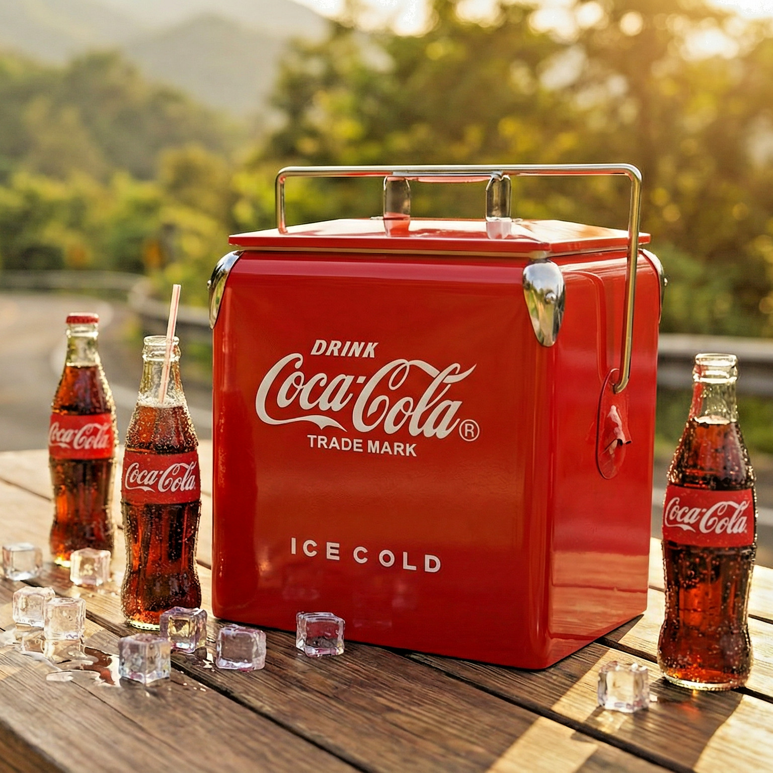 Coca-Cola 14Qt Metal Cooler Hard Sided Built-in Opener Leak-Proof Road Trip