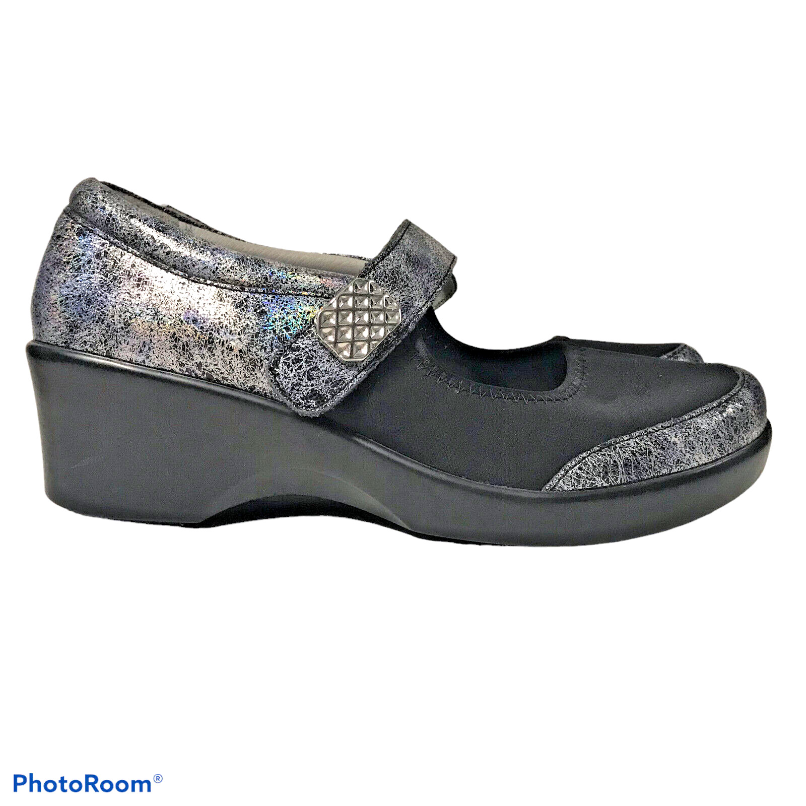 ALEGRIA Women\'s 9/39  Black & Silver Wedge Mary Jane Leather & Textile Shoes