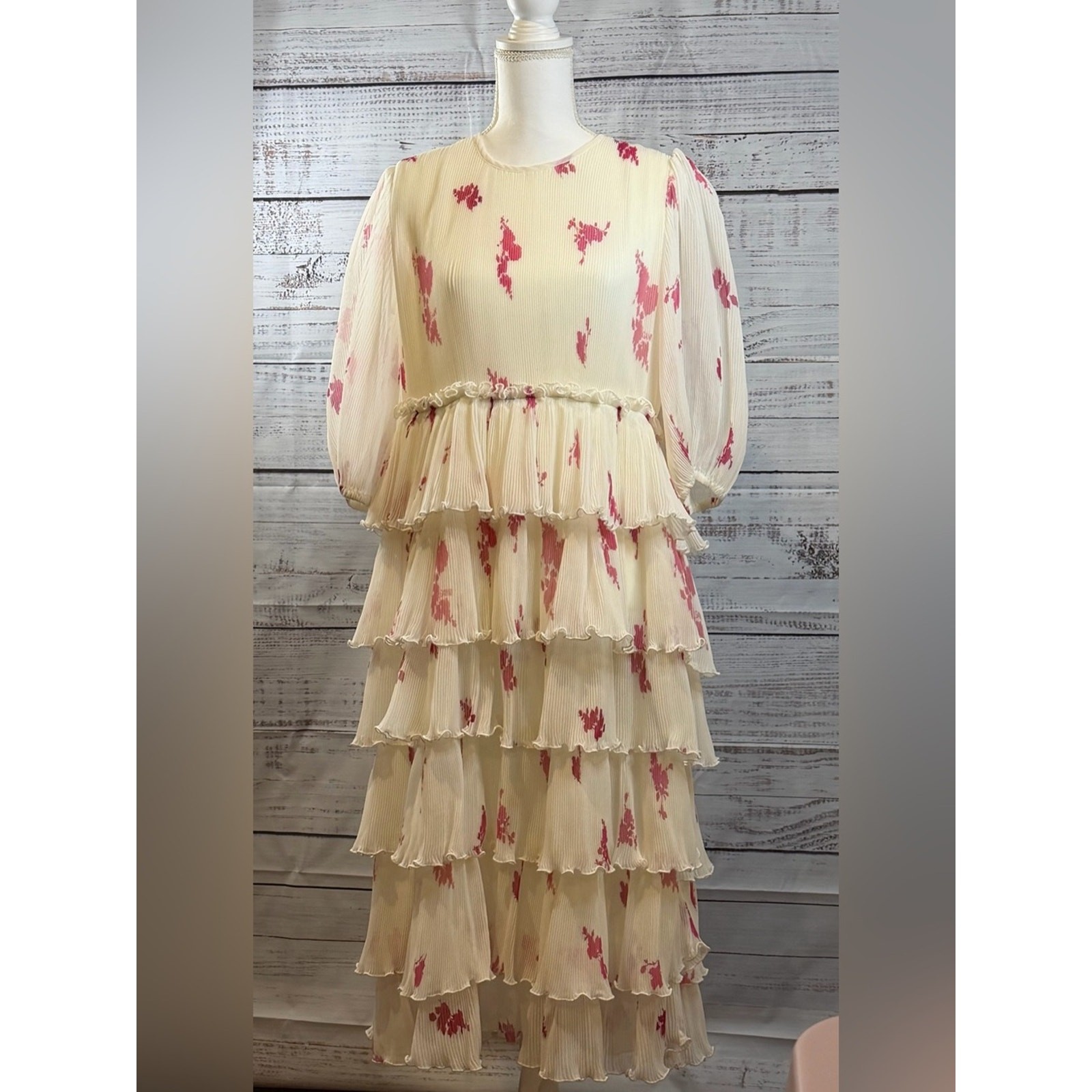 Ganni Cream Tiered Ruffle Maxi Dress with Pink Floral Print