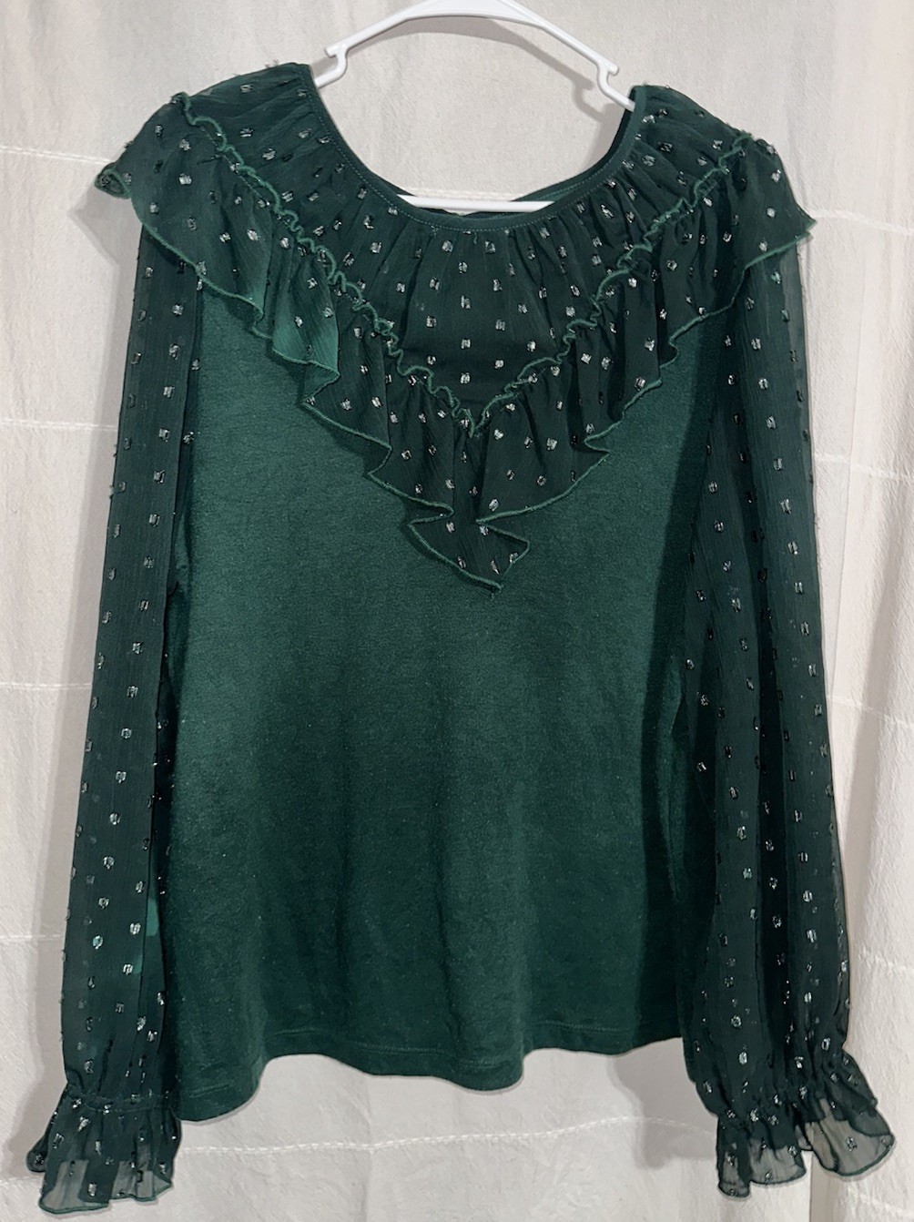 LOFT Women\'s Green Polka Dot Ruffle Round Neck Long Sleeve Blouse XXL