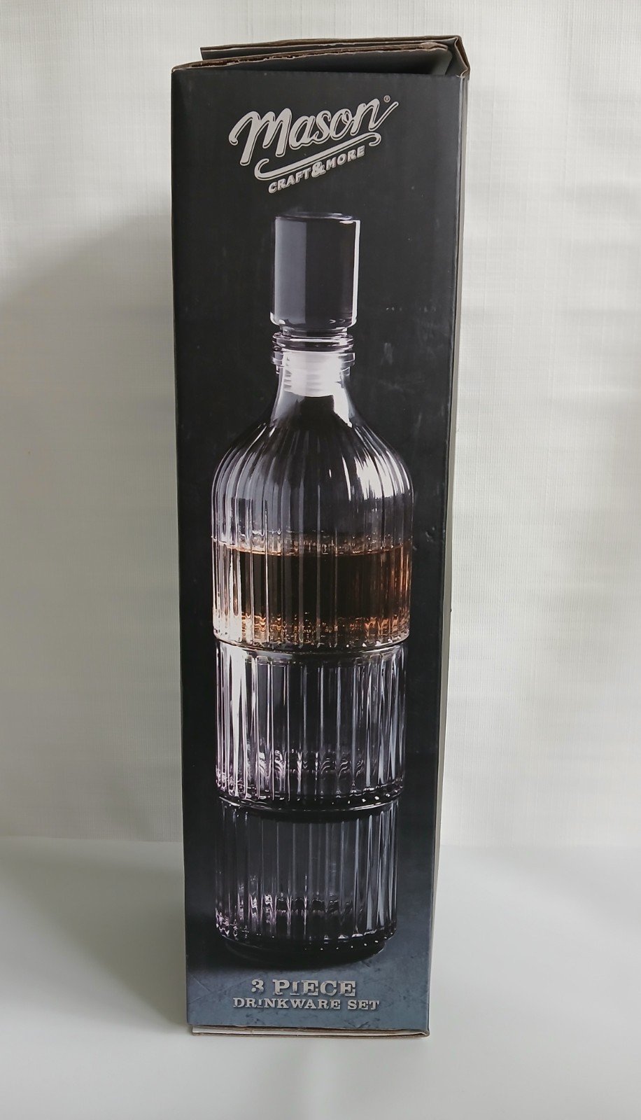 NIB Mason Craft Decanter & 2 Glasses Clear Space Saving Great Gift Collectible 