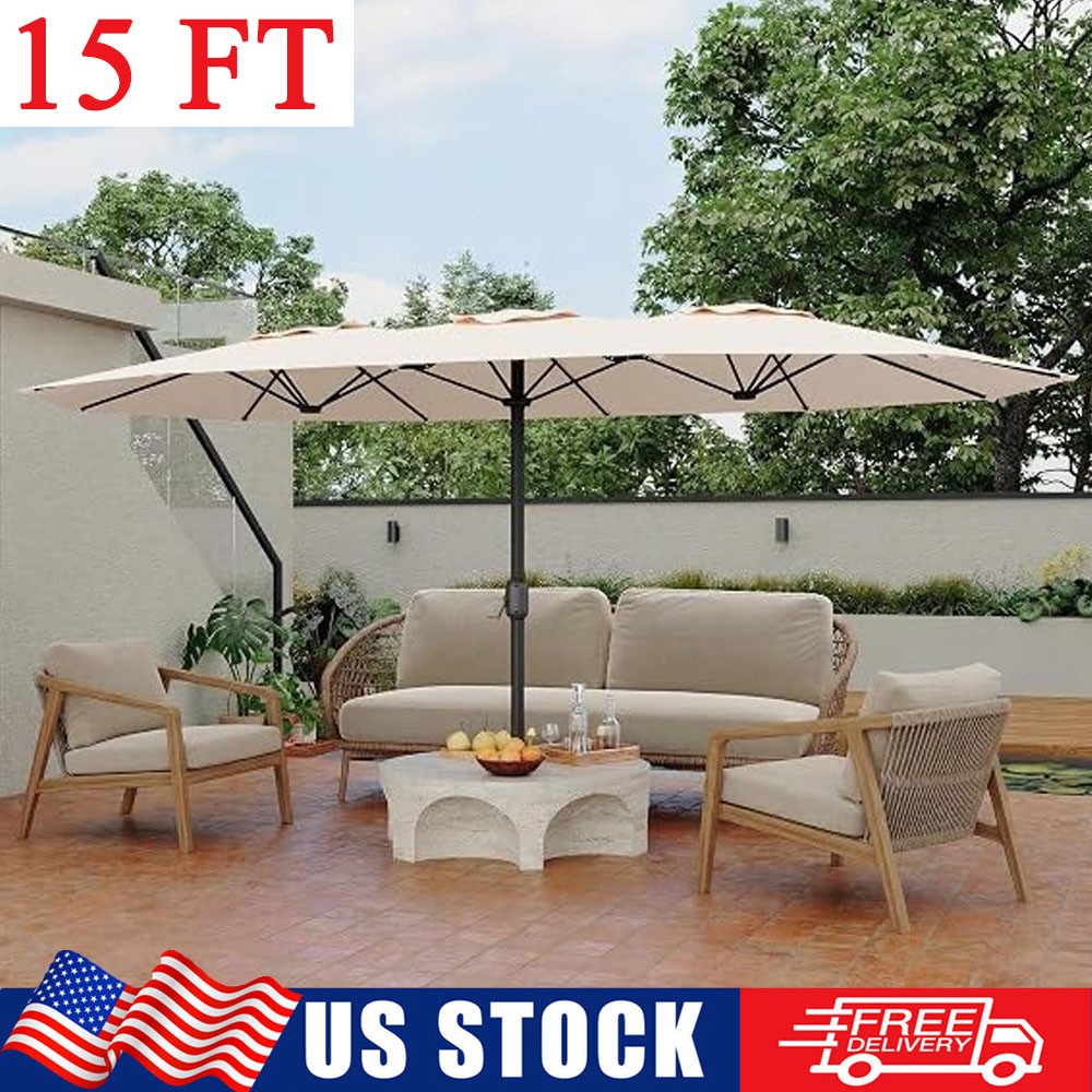15 ft Patio Umbrella Outdoor Double Sided Sun Shade Market Umbrella with Crank