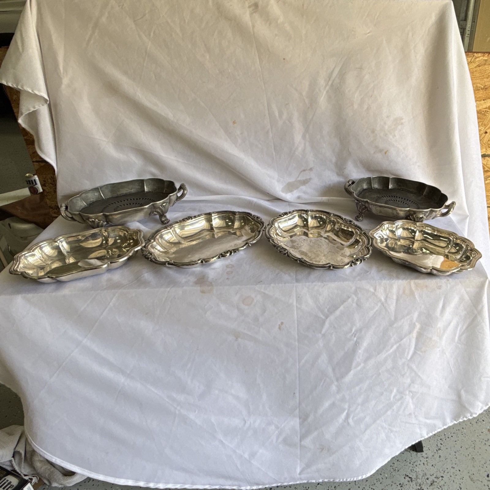 Vtg. 6 Pc Silverplate Stackable Buffet Serving Set Footed Casserole Trays #3554