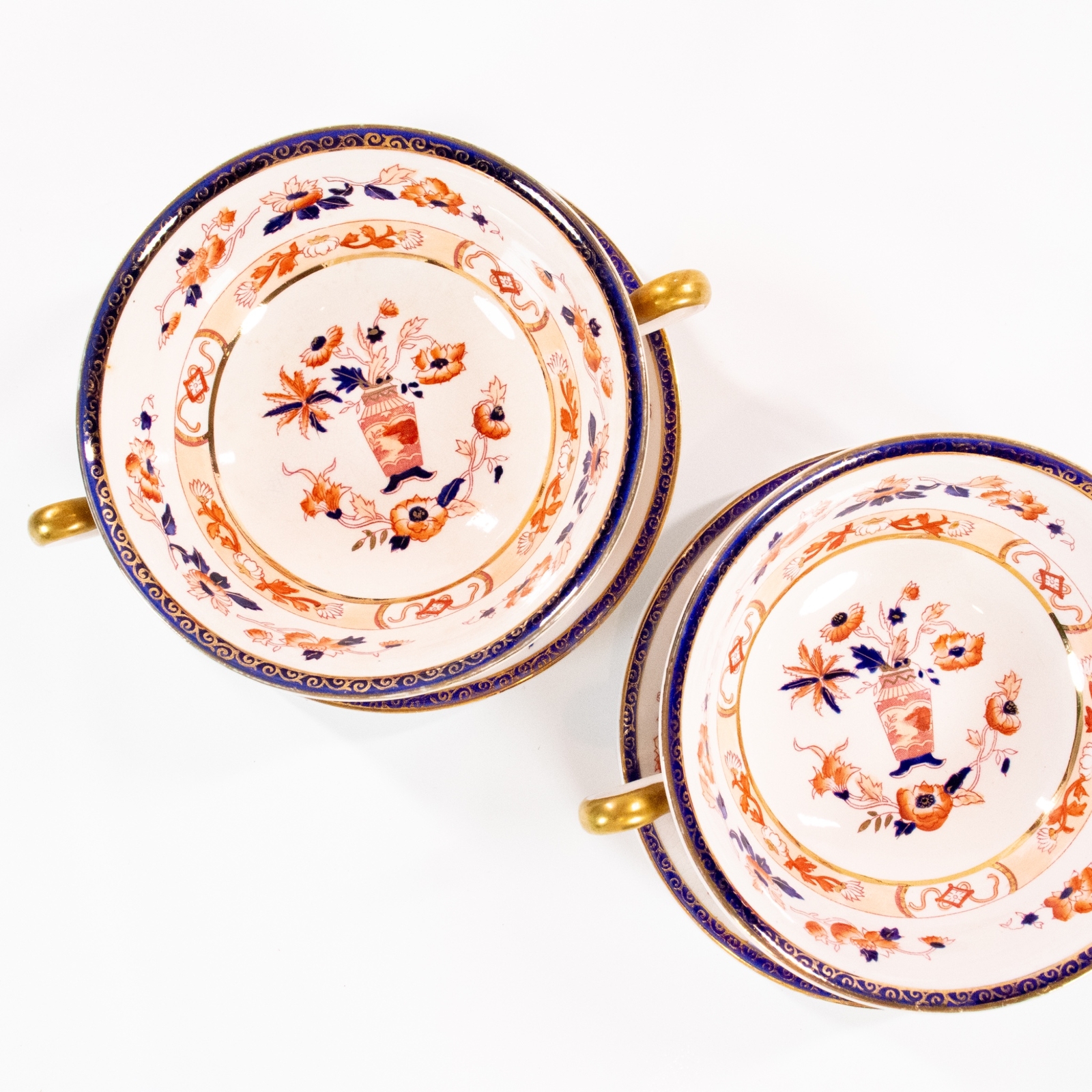 Vtg Nikko Stone China Cream Soup Bowls Set with Saucer Chinoiserie Hand Painted