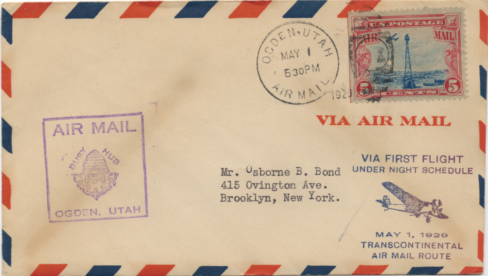 1929 Night Schedule First Flight Air Mail Cover Ogden Utah Busy Hub Cachet C11