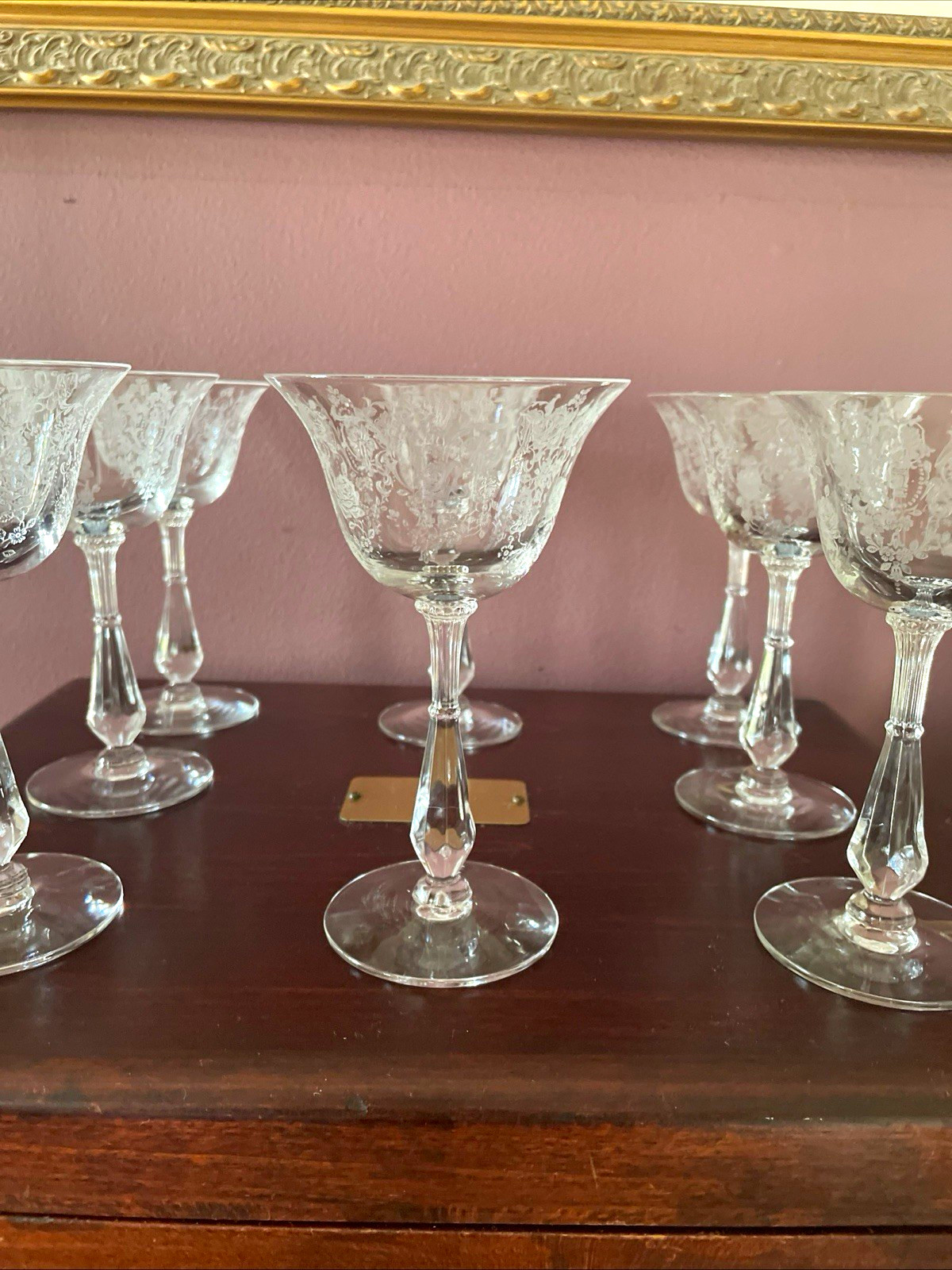 Vintage Tiffin Cherokee Rose Etched Crystal Champagne Coupe Tall Sherbet Glasses