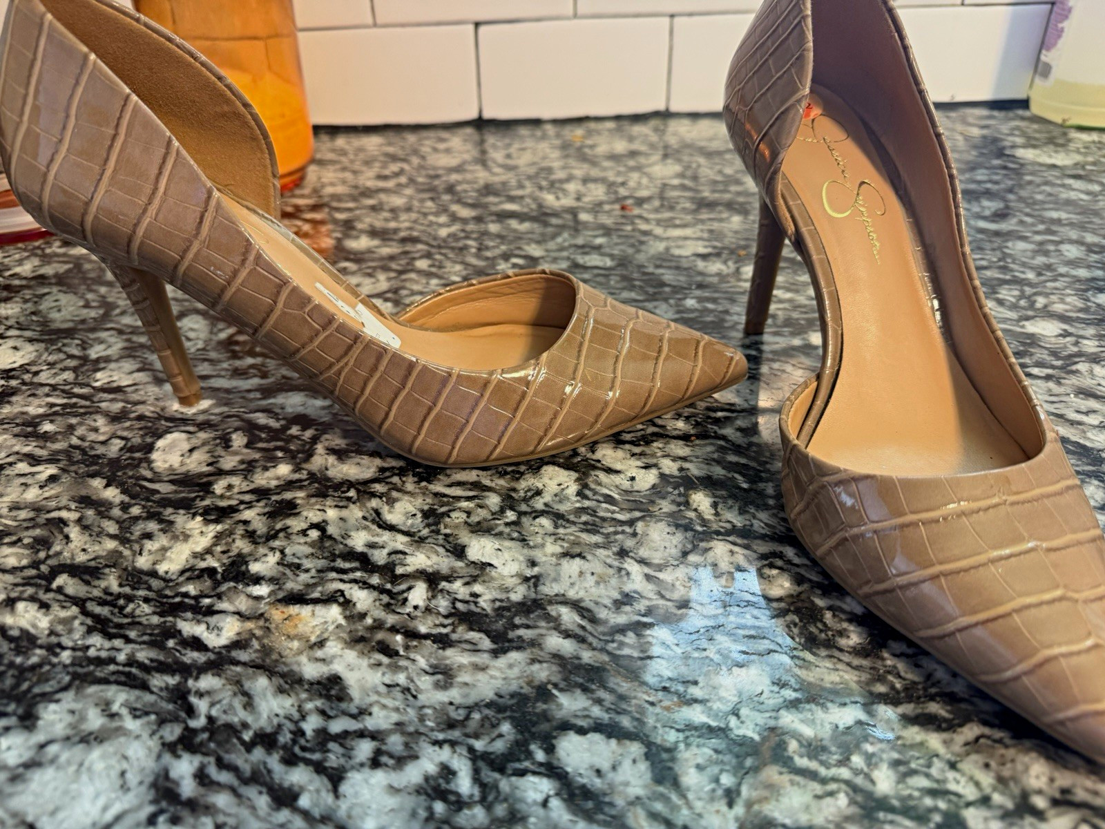 Jessica Simpson Taupe Croc Embossed Faux Leather Pointed Toe Stiletto Pump 9.5