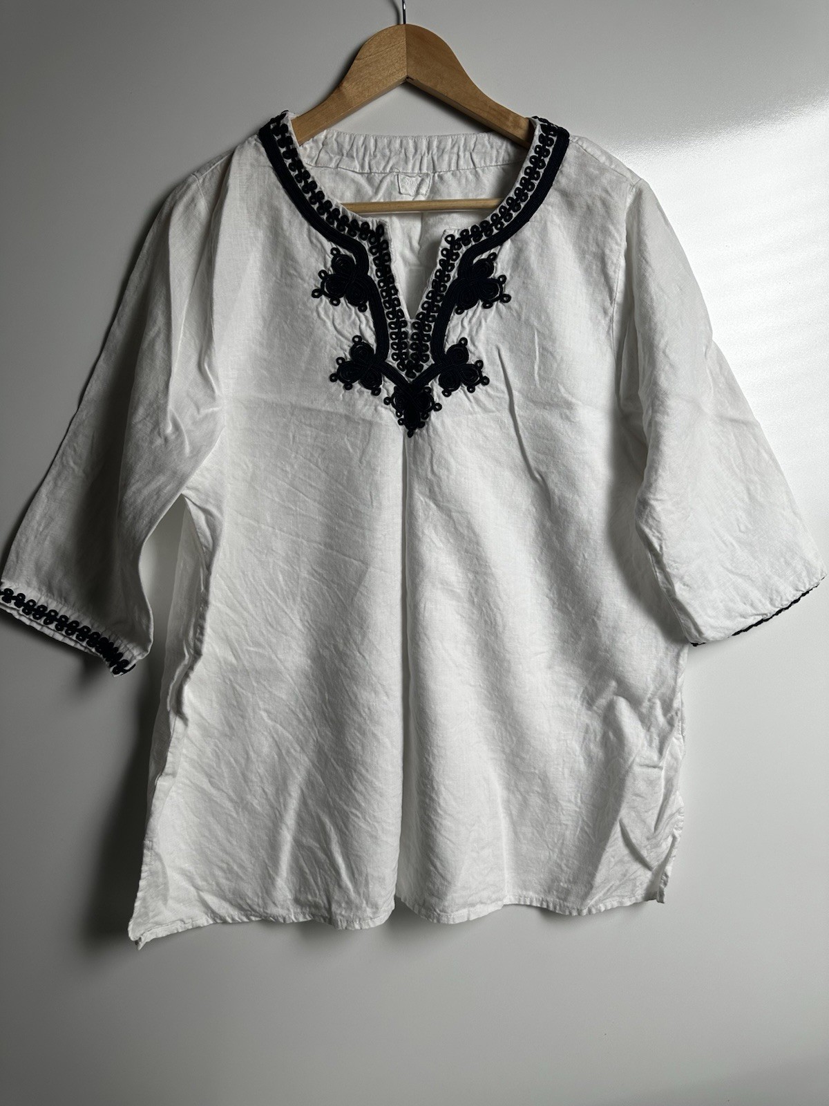 Symple NYC 100% Linen Embroidered Soutache Tunic Blouse White L
