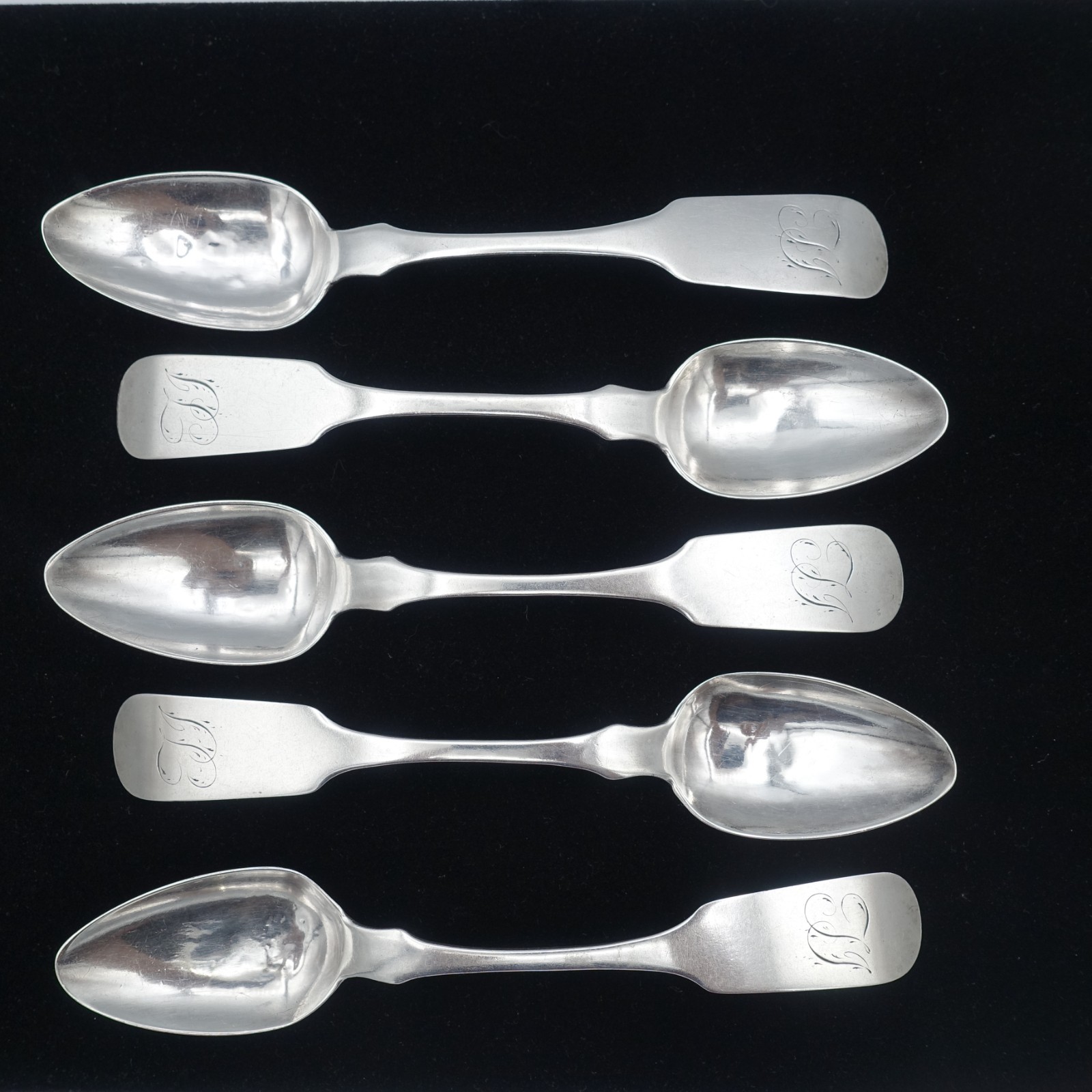 Set of 5  Early Samuel Hildeburn Philadelphia Coin Silver Teaspoons Circa 1810