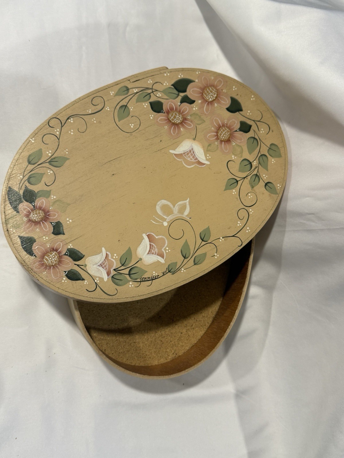 Vintage Hand Painted Oval Wooden Large Box Floral Decor