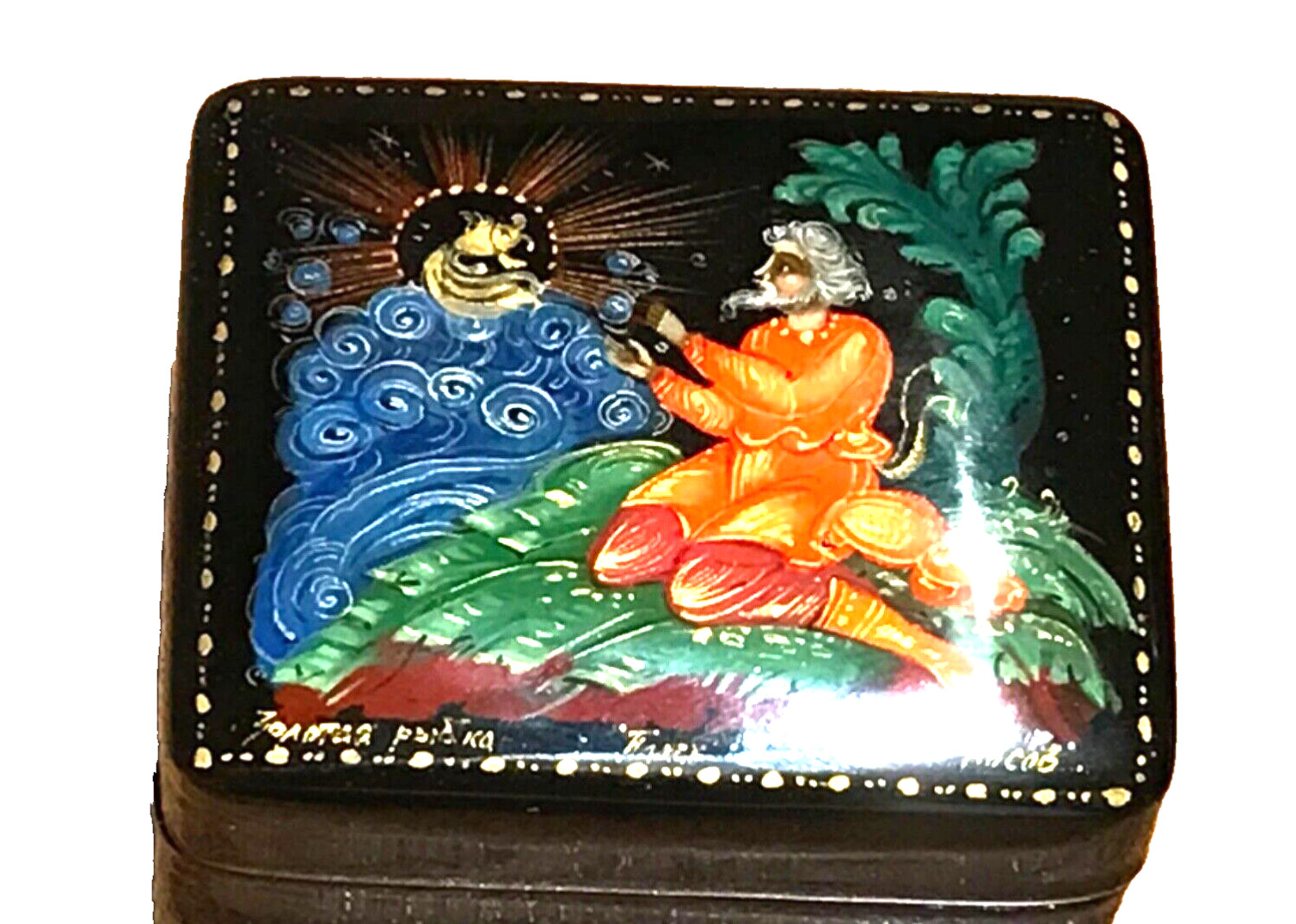 🔥LOOK🔥Genuine PALEKH Pushkin Gold Fish 22K Gold Russian Lacquer Box Hand Paint