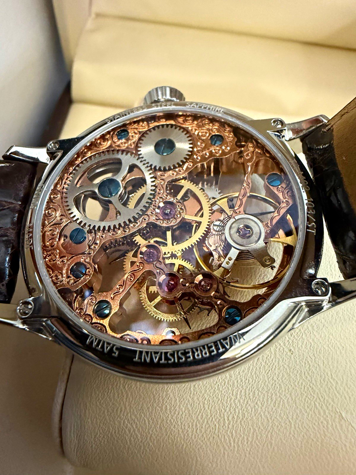 Tavannes Skeleton Automatic Men’s Watch Exhibition Caseback Brown Leather Box
