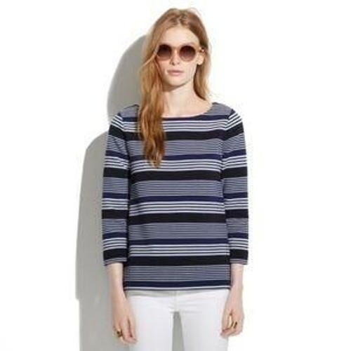 Madewell Navy Ivory Striped Boatneck Knit Top XS 3/4 Sleeve Navy Blue White
