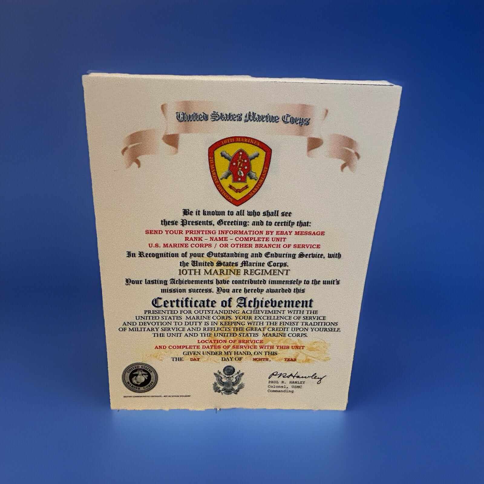 U.S.M.C. / 10TH MARINE REGIMENT - CERTIFICATE OF ACHIEVEMENT