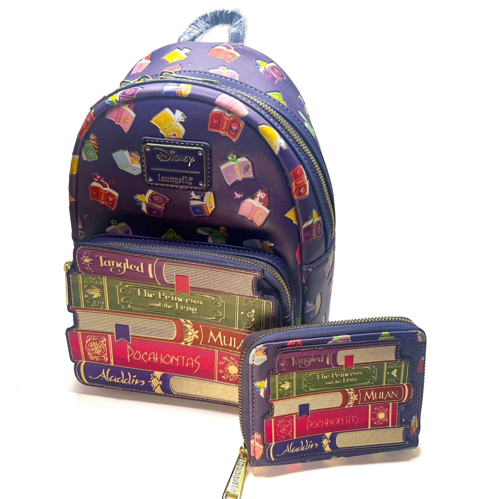 Disney Loungefly Princess Books Purple AOP Mini Backpack & Wallet Set NWT