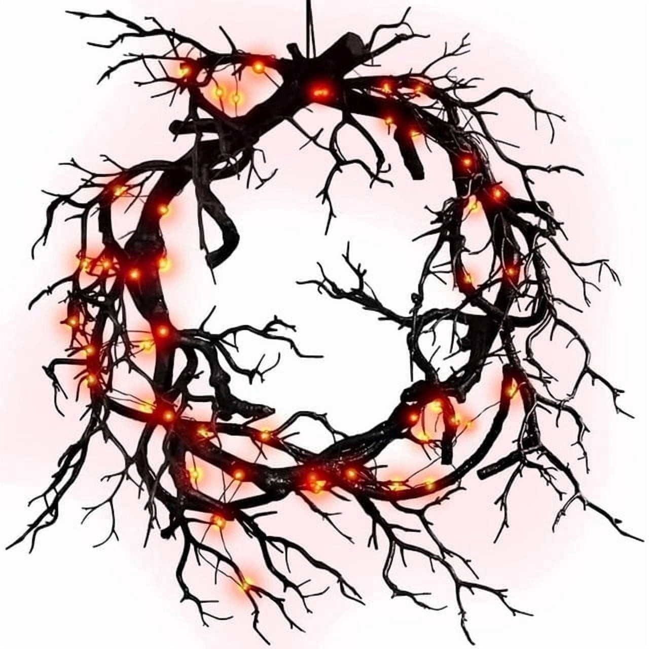 16.92 In Artificial Hanging Halloween Black Branch Wreath With Light For Decor