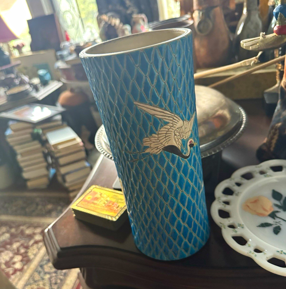 1868-1912 Japanese Blue Vase with Crane Motif- Meiji Mark on Base