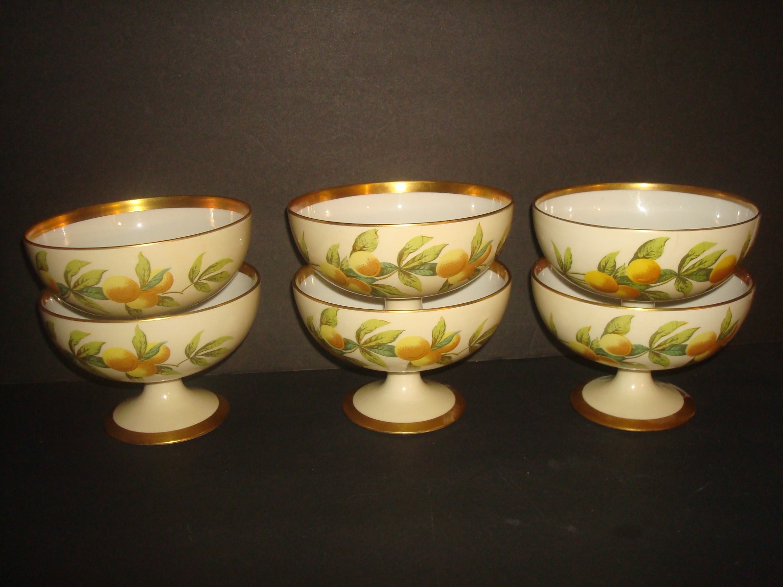 T&V LIMOGES SET of(6)FOOTED DESSERT FRUIT BOWLS ORANGES,GREEN LEAF&CROSBY,4 3/4\
