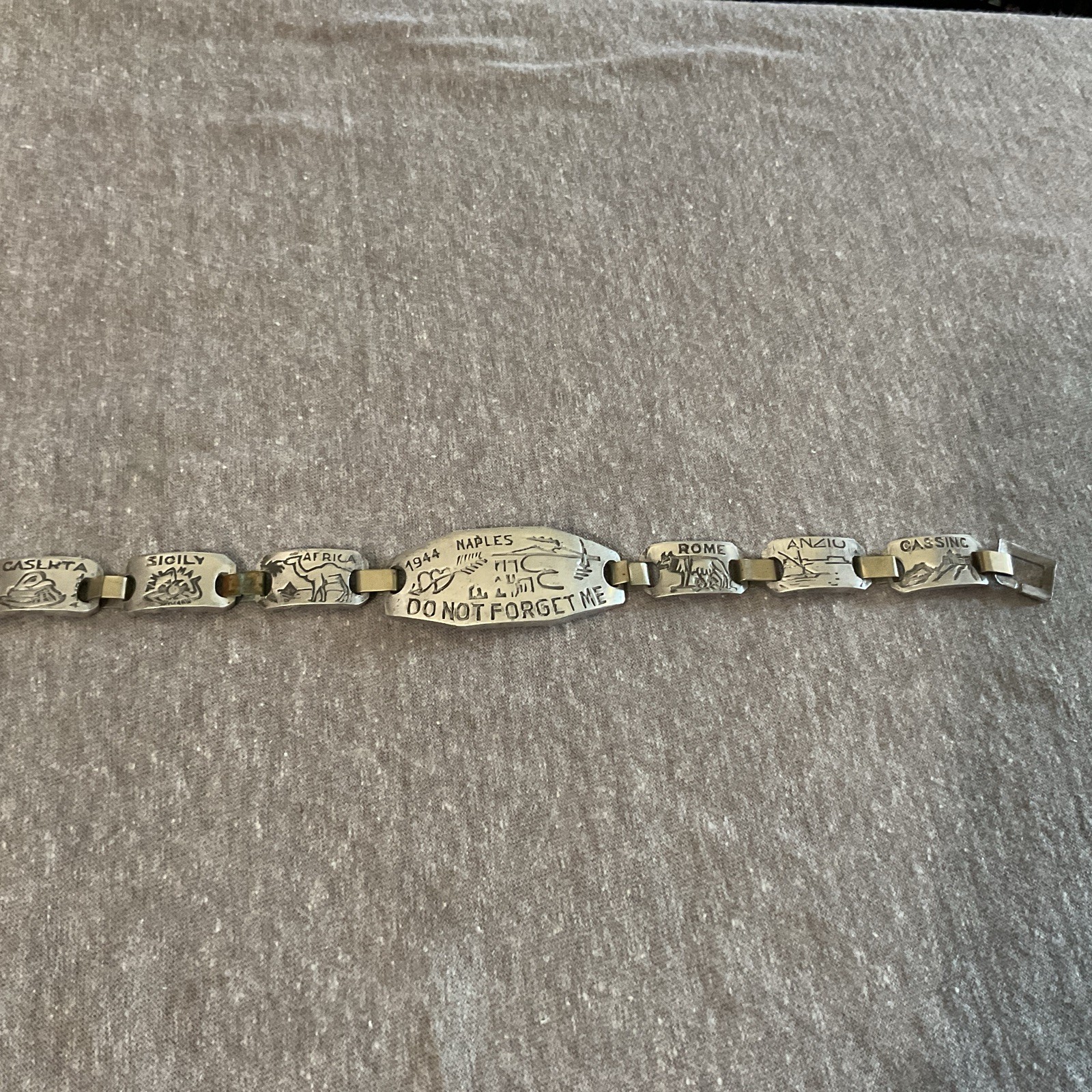 WWII 1944 Do Not Forget Me Aluminum Bracelet Italy Africa Sicily Anzio Naples WWII 1944 Do Not Forget Me Aluminum Bracelet Italy Africa Sicily Anzio Naples