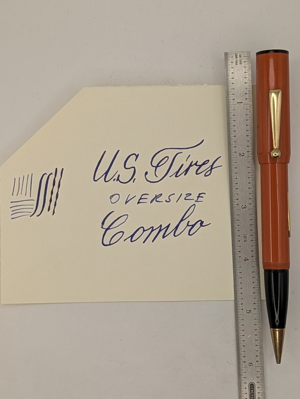 US Tires Oversize Orange Fountain Pen & Pencil Combo 14k Soft Nib Restored #