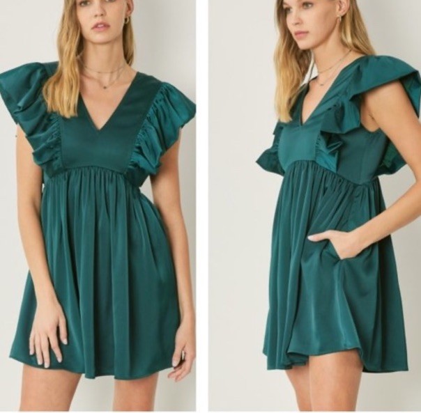 NWT Entro Anthropologie Flutter Sleeve Satin Green Pockets V Neck Dress L NWT Entro Anthropologie Flutter Sleeve Satin Green Pockets V Neck Dress L