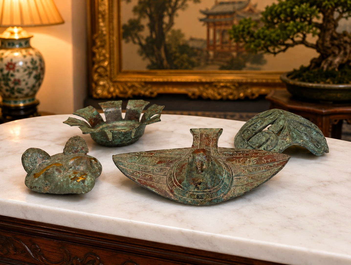 Set of 4 Chinese-Style Archaic Bronze Ritual Objects with Verdigris Patina