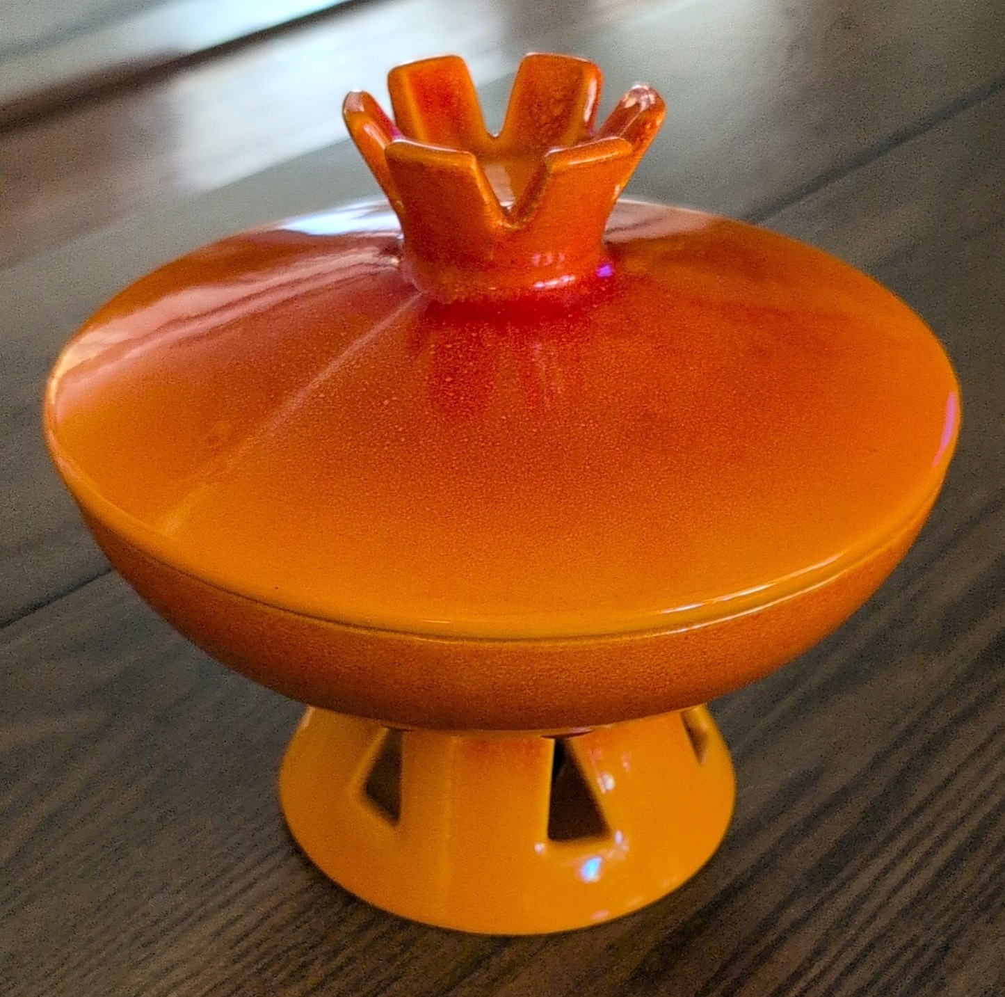 MCM Royal Haeger UFO Footed Compote Candy Dish 707-S Atomic/Burnt Orange, Lidded
