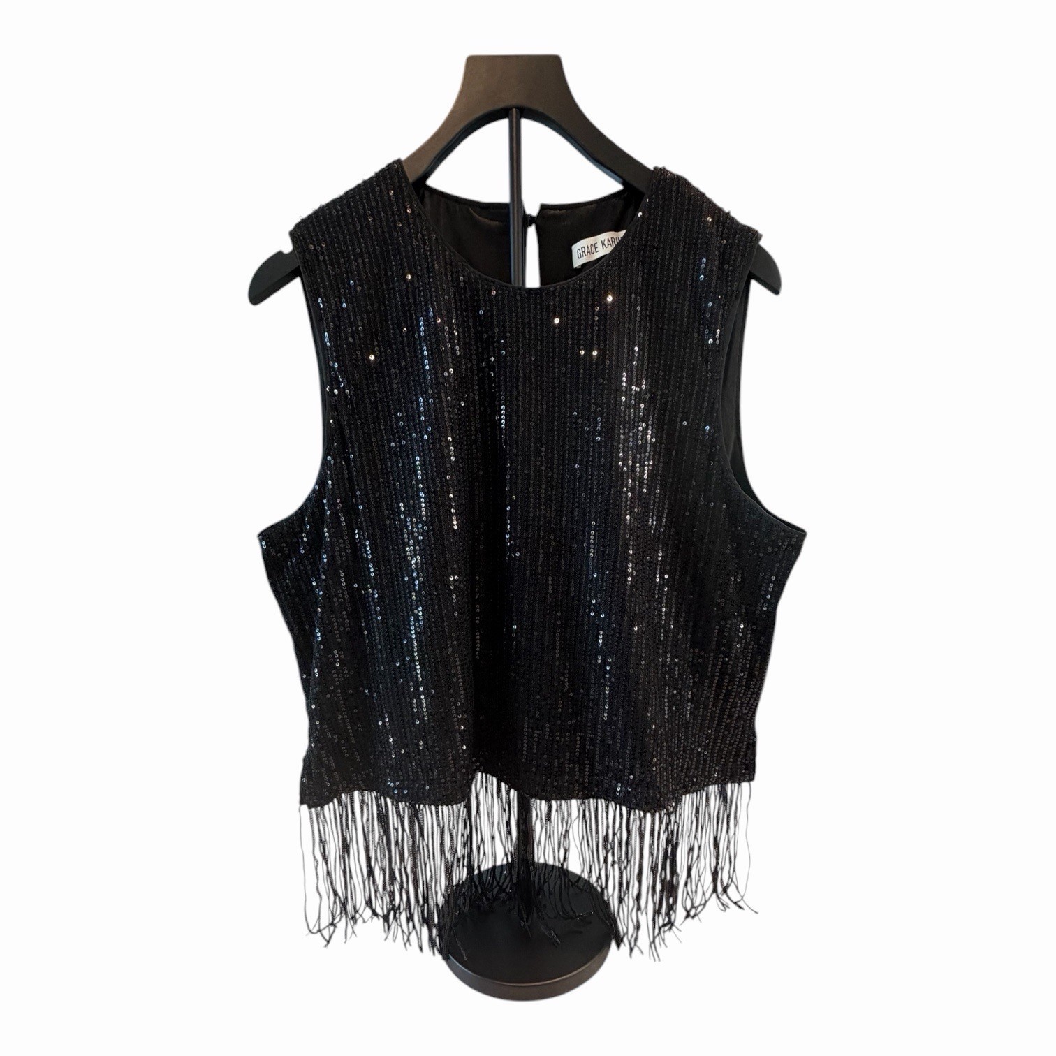 Grace Karin 2XL Black Sequin Fringe Tank Top Sleeveless Party Cocktail Gatsby