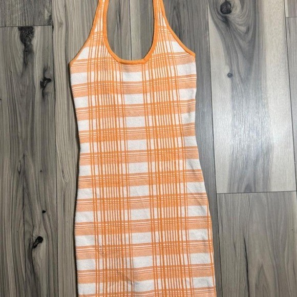 Rue21 Orange White Plaid Halter Mini Dress XS Knit Bodycon Summer Sleeveless