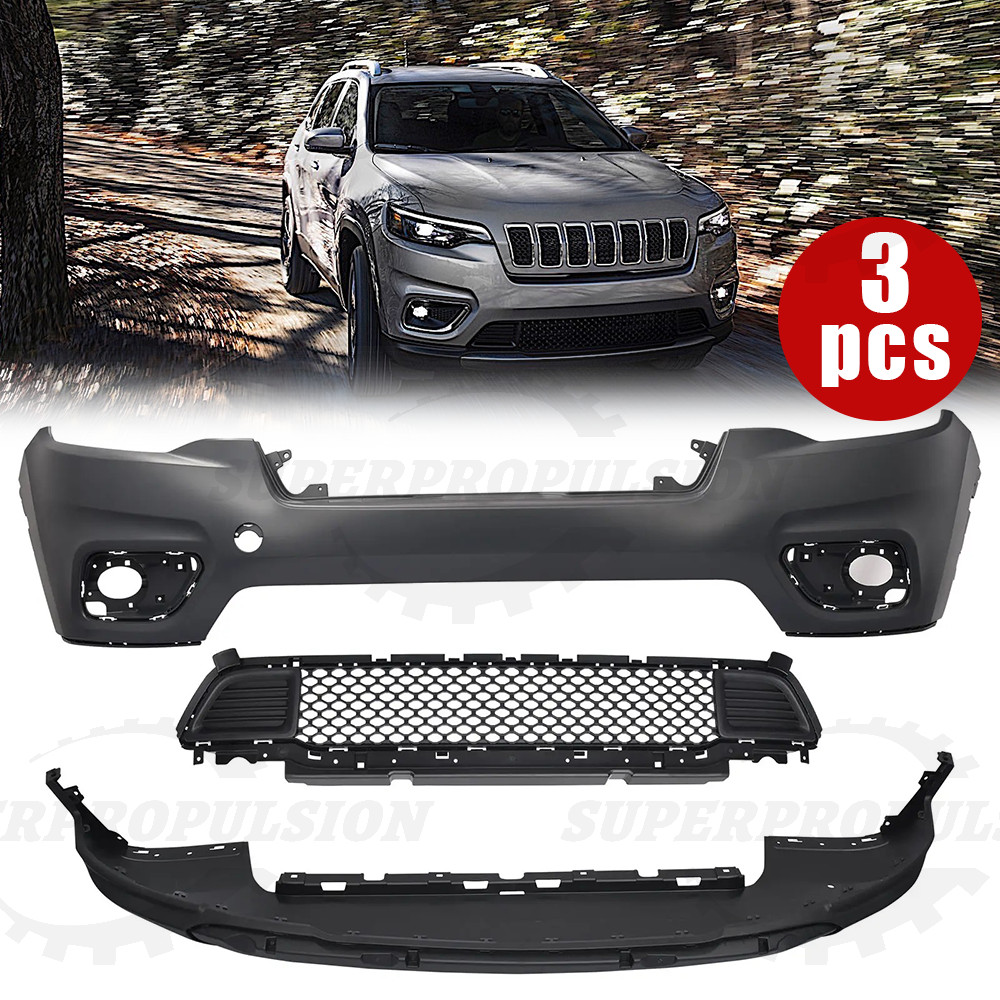 For 2019-2021 Jeep Cherokee Front Bumper Cover Lower Grille Assembly Set 3PCS