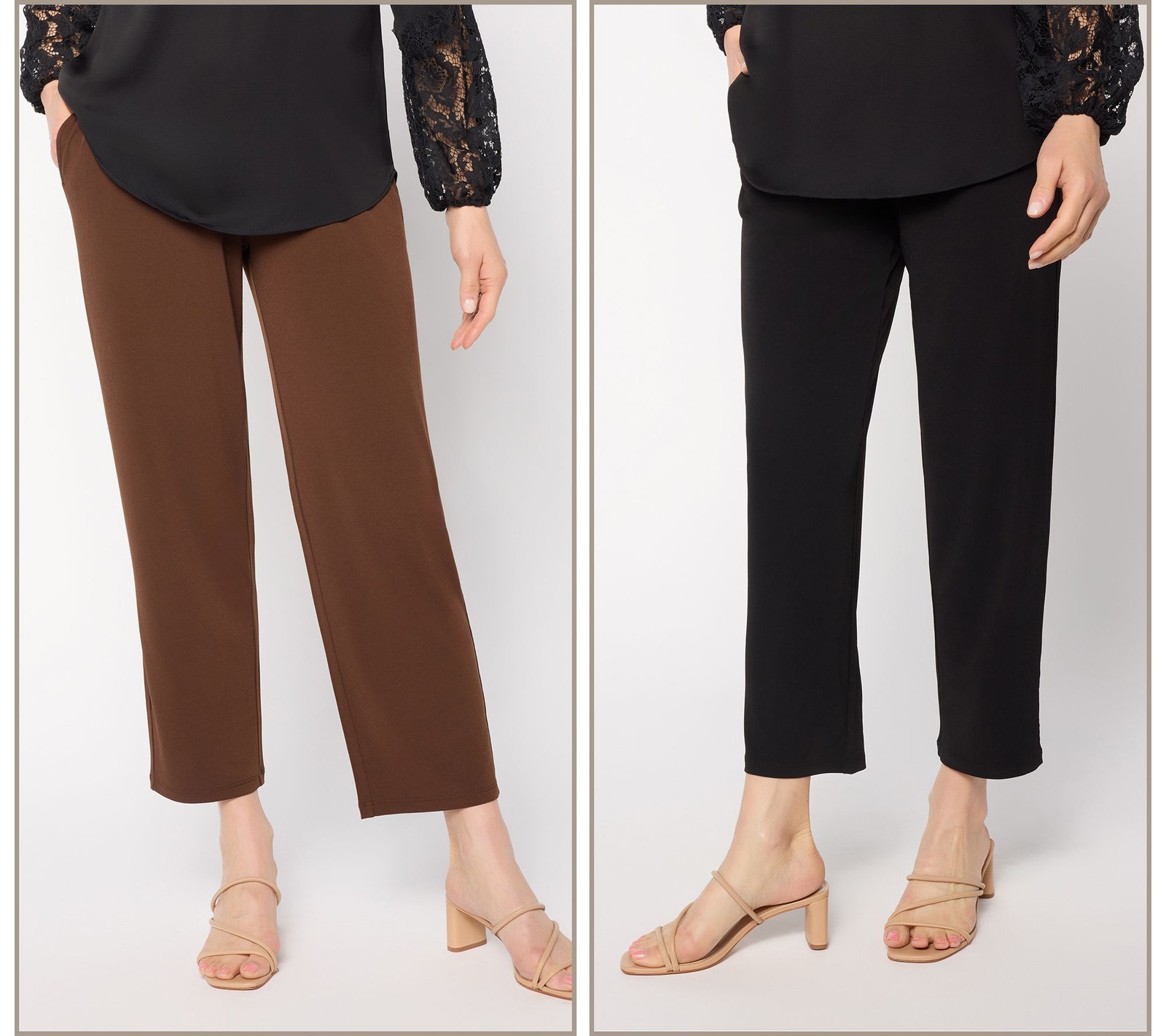 Susan Graver Essentials Regular Set of 2 Liquid Knit Ankle Pants Brown/Black L N Susan Graver Essentials Regular Set of 2 Liquid Knit Ankle Pants Brown/Black L N